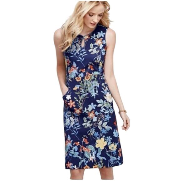 Lands’ End Dress Ponte Knit Sheath Pockets Blue Yellow Floral Women’s Size 18 - Picture 1 of 11